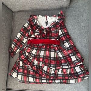 Rare Editions Plaid Ruffle Dress with Red Velvet Bow-2T